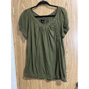 Massio Women's Olive Army Green Pleated Short Sleeve Pullover Top Size XL Button